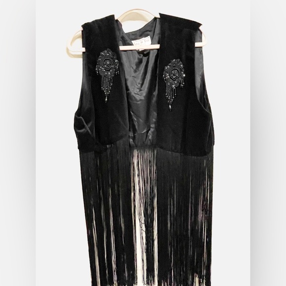 Ann n Eve Western Black Velvet Beaded Fringed Vest - Picture 1 of 8
